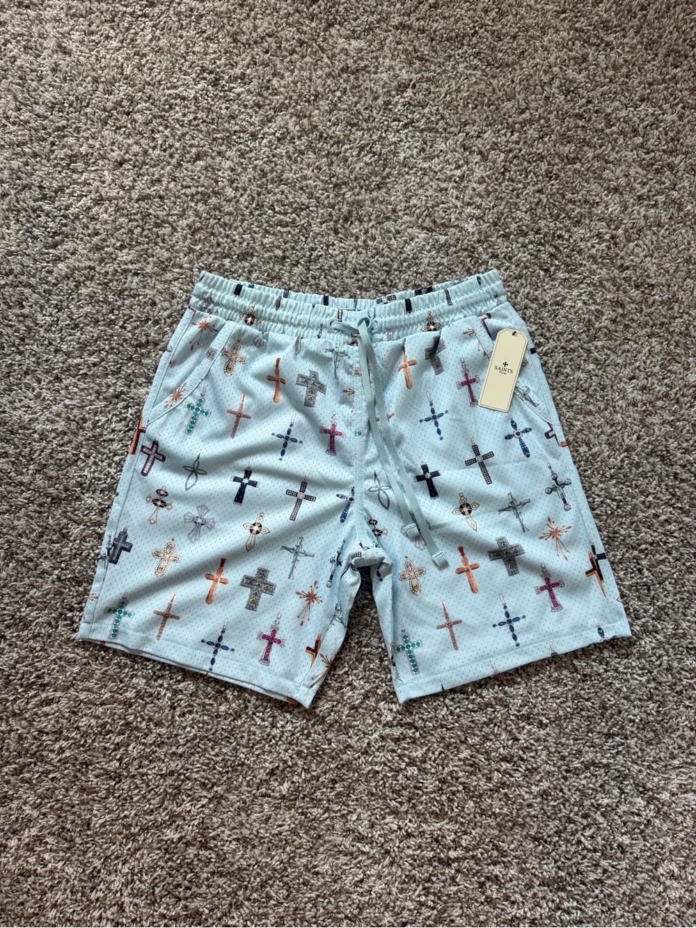 Saints Studio Cross Print Mesh Shorts